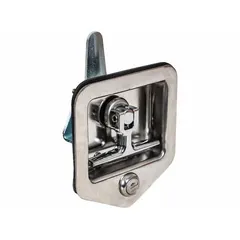 Stainless steel T-handle lock for universal truck boxes. Includes a gasket for weather protection. Overall height 4 7/8 inches. Silver finish. Suitable for securing storage compartments on service bodies, utility trucks, and toolboxes.