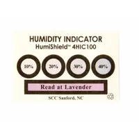 Blotter paper indicator card impregnated with cobaltous chloride. Four color-change dots respond at 10%, 20%, 30%, and 40% relative humidity. Used inside sealed packaging, enclosures, or containers to monitor moisture levels and alert to potential corrosion or component damage