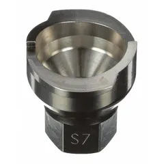 This stainless steel adapter connects PPS series spray gun cups to spray guns. It features an S7 adapter type with a 3/8 in thread size. Used in industrial painting and finishing applications.
