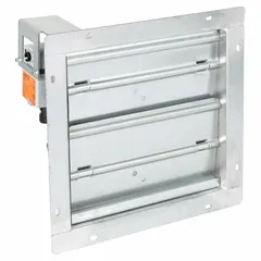 Rectangular motorized control damper with 15 in height, 15 in width, and 12 in length. Constructed of steel with 1 1/2 in flange width. Features flat blade design and normally open switch action. Rated for 100/240V AC and maximum air velocity of 3500 fpm. Used in HVAC ductwork to regulate airflow.