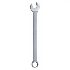 SAE 12-point combination wrench with a 1 3/8 in head size and 18 1/2 in overall length. Offset design provides clearance over obstructions. Satin finish. Suitable for tightening and loosening SAE fasteners in maintenance and repair applications.
