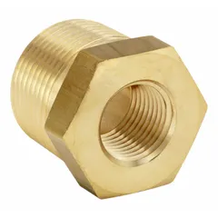 This brass straight pipe fitting connects male and female NPT threaded ports in extreme-pressure hydraulic systems. With a 1 in male NPT and 1/2 in female NPT configuration, it is rated for a maximum operating pressure of 5,400 psi. Suitable for industrial fluid power applications requiring a straight adapter between different line sizes.