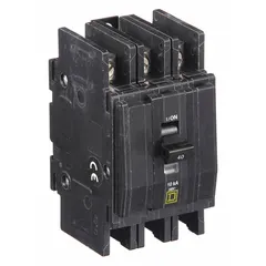 Three-phase miniature circuit breaker from the QOU Series, rated 40 A at 120/240V AC with a maximum interrupting rating of 10kA. Three-pole unit-mount design for overcurrent protection in heating applications.