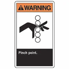 Vinyl adhesive sign with Warning: Pinch Point legend. Non-retroreflective, non-glow-in-the-dark. Each sign measures 5 in x 3 1/2 in nominal size, 0.02 in thick. Sold as a 5-pack. Applied to surfaces near machinery, conveyors, or other equipment where pinch-point hazards exist.
