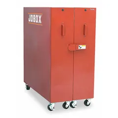 This clamshell jobsite cabinet provides 58 cu ft of storage capacity. It measures 30 inches wide, 62 1/4 inches deep, and 63 1/2 inches high, with a brown finish. A padlock hasp is included for securing the cabinet (lock not included). Suitable for storing tools and equipment on construction sites, in workshops, and industrial facilities.