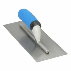 This notched trowel features a square carbon steel blade and a rubber handle. It is used for applying and spreading tile adhesive or mortar onto surfaces, creating consistent ridges for proper adhesion in tiling and masonry work.
