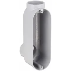 Aluminum LB-type conduit outlet body with a 90° elbow configuration. Powder-coated finish. 2-inch trade size with threaded RMC connections. Body capacity of 67 cubic inches. Used as a junction point for pulling, splicing, or terminating conductors in conduit systems.
