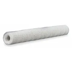 String wound water filter cartridge with cotton media for sediment filtration. Rated at 75 micron with a 5 gpm flow rate. 10-inch overall height. Suitable for removing sand, rust, and silt in water systems. Supplied in a 6-pack.