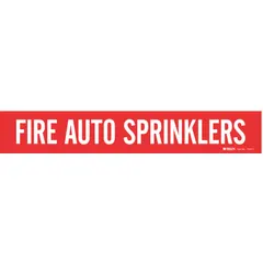 Red adhesive pipe marker with white legend reading 'Fire Auto Sprinklers'. Fits pipe outer diameters from 2-1/2 to 7-7/8 inches. Supplied without arrows. One marker per unit. Used to identify fire sprinkler piping in industrial facilities for safety and maintenance.