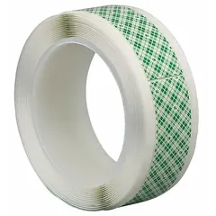 This double-sided foam tape square is 1 in by 1 in, 31.25 mil thick, and made of open-cell polyurethane foam with a permanent acrylic adhesive in tan. It is designed for mounting and bonding applications where conformability to irregular surfaces is required.