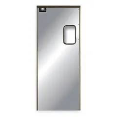 Single-door insulated swinging door with gray finish and hardwood core. Includes a polycarbonate window, bumpers, and mounting hardware. Door seals not included. Suitable for temperature control and environment separation in industrial settings.
