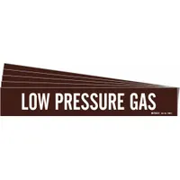This adhesive pipe marker identifies low pressure gas lines. It features a brown background with white legend text and fits pipe outer diameters from 2-1/2 to 7-7/8 inches. The marker is supplied without arrows. Each pack contains 5 markers