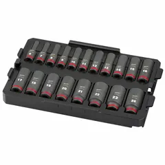 This 19-piece socket set includes 6-point SAE and metric sockets with a 3/8 in drive, ranging from 6 mm to 24 mm. The set features SHOCKWAVE Impact Duty deep sockets with friction retention for secure fit. Suitable for fastening and loosening nuts and bolts in automotive, construction, and industrial applications.