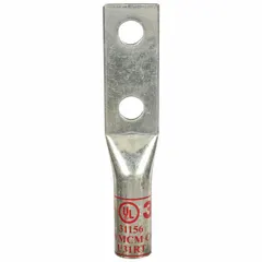 Two-hole compression lug for terminating 350 kcmil stranded copper wire. Features a long copper barrel and 1/2 in stud size. Suitable for high-current electrical connections in switchgear, panelboards, and heavy machinery.