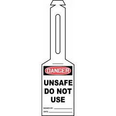 White single-part danger tags with attached strap, #7 size, supplied in packs of 25. Legend is not the same on both sides. Used to mark equipment or machinery as unsafe or do not use during maintenance or lockout procedures in industrial facilities, construction sites, and utility plants.