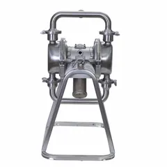 This air-operated double-diaphragm pump features a 1 1/2 in Tri-Clamp connection, delivering up to 50 gpm with a maximum head of 277 ft. Constructed with stainless steel check valves and seats, and a PTFE diaphragm with EPDM backing, it is USP Class VI-compliant for pharmaceutical and bioprocessing applications requiring sterile or corrosive fluid handling.
