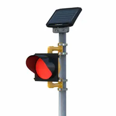 Solar-powered LED flashing beacon with red light, 60 flashes per minute. Yellow polycarbonate housing includes solar cabinet. Used to alert drivers to hazards, speed zones, or pedestrian crossings in traffic management applications.