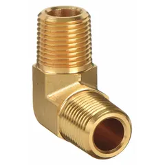 Brass 90° elbow with 3/8 in male NPT threaded connections on both ends. Rated for maximum operating pressure of 4,000 psi. Suitable for extreme-pressure instrumentation systems in hydraulic and pneumatic control applications.
