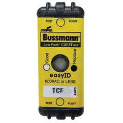 Class CF, TCF Series time-delay cube fuse rated 15 A, 600 V AC, and 300 V DC. Indicating type for overcurrent protection in industrial equipment such as motor circuits, control panels, and machinery that experience inrush currents.