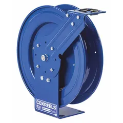 This spring-return hose reel is designed for air or water hose management in industrial facilities, workshops, and maintenance areas. It automatically retracts 35 ft of 3/8 in I.D. hose, with a maximum operating pressure of 300 psi. The reel features a stainless steel swivel and a blue finish, with overall dimensions of 6-3/4 in L x 17-1/8 in W x 18-5/8 in H.
