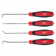 This hook and pick set includes steel tips in angle, hook, and straight configurations with a 90° angle. The plastic screwdriver handle provides a comfortable grip, and the set comes with a steel storage tray for organization. Suitable for precision tasks such as retrieving O-rings, gaskets, and small parts in confined spaces.