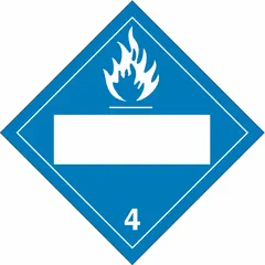 This BRADY placard is used for identifying Class 4 Flammable Solids during transport. It measures 10 3/4 inches by 10 3/4 inches and displays the message '4'. Suitable for application on drums, boxes, or containers requiring DOT hazardous material marking.