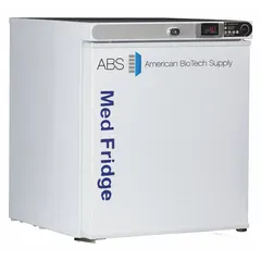 Undercounter lab refrigerator with 1 cu ft capacity, maintaining 2°C to 7°C. Features a white finish, left-opening swing solid door, temperature alarm, and R-600a refrigerant. Overall depth 19 1/4 in. Suitable for storage of temperature-sensitive medications and biological samples in clinical or laboratory settings.