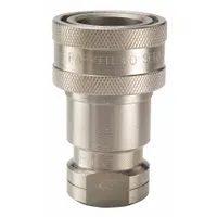 The PARKER SH6-62-T12 is an ISO B Series hydraulic quick-connect coupling body with a 3/4 in coupling size. It features a 303 stainless steel construction, female O-ring boss (ORB) connection with 1-1/16-12 thread, and a nitrile seal. This coupling is used for rapid connection and disconnection of hydraulic lines in fluid power systems