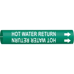 Green pipe marker with white legend 'Hot Water Return' and directional arrows. Snap-on design fits pipe outer diameters from 2-1/2 to 3-7/8 inches. Used to identify hot water return lines in industrial piping systems for clear labeling and safety compliance.