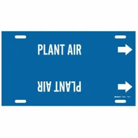 Blue snap-on pipe marker with white 'Plant Air' legend and directional arrows. Fits pipe outer diameters from 8 to 9-7/8 inches. Used to identify compressed air lines in industrial piping systems
