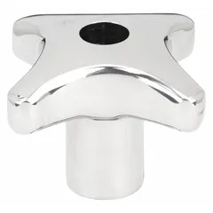 This 4-arm knob features a stainless steel construction for corrosion resistance. It has an unthreaded through-hole with a 1/2 in diameter and 42 mm depth, allowing mounting on shafts or studs. The 63 mm diameter provides a comfortable grip for manual adjustment and clamping in industrial settings.