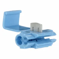 This double-port run tap wire connector from 3M uses insulation displacement technology to terminate wires without stripping. It accepts 18 AWG to 14 AWG run sizes and is rated for 600 V. The light blue connector is suitable for use in junction boxes, control panels, and lighting systems where reliable tap connections are required.