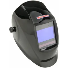 Black nylon auto-darkening welding helmet with digital ADF and four arc sensors. Shade range W5-13, viewing area 3.82 in x 2.44 in, ratchet suspension adjustment. Suitable for arc welding, MIG, TIG, and plasma cutting.