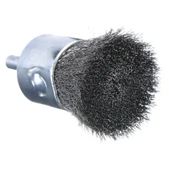 Crimped steel fill brush for light cleaning of carbon steel surfaces. Removes rust, scale, and light burrs. 1 in diameter, 0.01 in fill diameter, 1/4 in shank. Suitable for deburring and finishing in metal fabrication and maintenance.