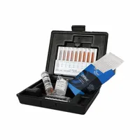 This test kit measures iron levels in water across two ranges: 0 to 1 ppm and 1 to 10 ppm, with a sensitivity of 0.05 ppm. It includes Activator Solution and provides 30 tests. Typical applications include monitoring iron content in industrial water systems and environmental water samples