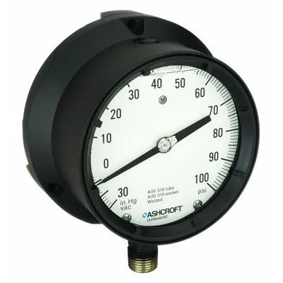 ASHCROFT Process Compound Gauge: 0 psi to 100 psi, White, 4 1/2 in Dial, 1/2 in NPT Male - Vibration-Resistant All-Stainless Steel Wetted Parts & Casing