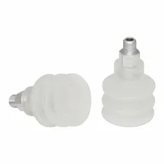 This bellows type vacuum pad assembly features 2.5 folds and a 21 mm pad diameter. It has an M5 vacuum port and is made of clear material. Rated 55 A, it is suitable for handling food-safe products in automated pick-and-place applications, particularly for gripping irregular or delicate surfaces.
