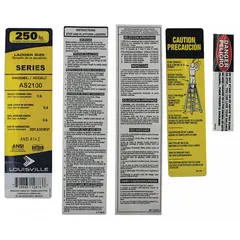 Replacement label kit for Louisville Ladder models AS2104, AS2106, AS2108, and AS2110. Includes safety and identification labels for material handling equipment. Used to update or replace worn or missing labels on specified ladders.
