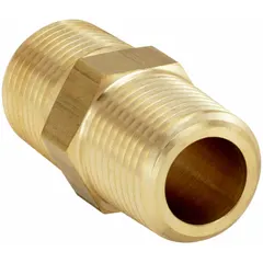 This brass pipe fitting features male NPT threads on both ends for connecting two male threaded ports in high-pressure hydraulic systems. Rated for a maximum operating pressure of 3,900 psi, it is suited for extreme-pressure fluid power applications requiring a straight connector.