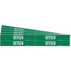 Green adhesive pipe markers with white 'Oxygen' legend, designed for pipe outer diameters from 3/4 to 2-3/8 inches. Each pack contains 4 markers without directional arrows, sold in a 5-pack bundle. Used to identify oxygen piping in industrial facilities, meeting standard color-coding requirements for safety and compliance.