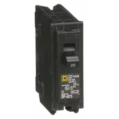 Single-pole miniature circuit breaker rated 25 A at 120V AC, with a maximum interrupting rating of 10kA at 120V AC. Designed for plug-in installation in Homeline load centers. Provides overcurrent and short-circuit protection for branch circuits in single-phase systems.