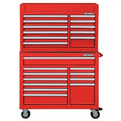 This heavy-duty top chest and rolling cabinet combo features 22 drawers with ball-bearing slides for smooth operation. The unit is finished in red powder coating and includes a keyed locking system for security. Measuring 42 in W x 19 in D x 39-7/8 in H, it is suited for industrial storage and organization of tools and equipment in workshops, garages, and maintenance facilities.