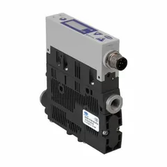 Compact vacuum generator for automated material handling, pick-and-place, and packaging applications. Features 2.31 cfm flow, 1/8 in G female ports, 6 bar max supply pressure, 1 NO valve function, PNP/NPN/IO-Link connectivity, and 5-pole M12 male electrical connection.