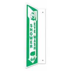 L-shaped projection sign for identifying emergency shower and eye wash stations. Made of PETG with mounting holes for wall or equipment installation. Nominal size 18 in x 4 in. Not retroreflective, not glow-in-the-dark, no anti-slip surface.