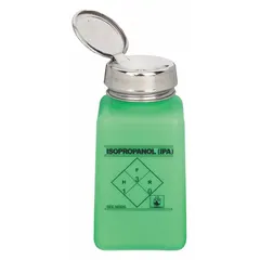 HDPE dispensing bottle with a 177.4 mL (6 fl oz) capacity, designed for isopropyl alcohol (IPA). Includes a silver dropper closure for controlled drop-by-drop dispensing. Non-sterile, green body. Suitable for precision cleaning and maintenance tasks requiring small, accurate amounts of IPA.