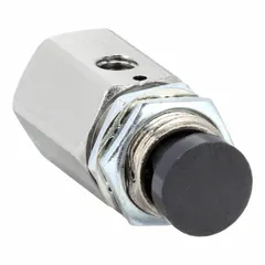 Three-way, two-position valve with spring-return mechanism, normally closed. Brass body with 10-32 Female UNF ports. Button actuator for manual control of airflow in pneumatic systems.
