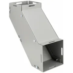 This 90-degree sweep elbow is designed for indoor wireway systems, providing a smooth turn to route and protect electrical cables. Constructed from 16 ga steel with a powder-coated finish, it features a screw-on cover on the top or bottom secured by screw clamps. Overall length is 9.41 inches. No knockouts are included.