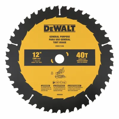 DEWALT Circular Saw Blade: 12 in Blade Dia., 40 Teeth, 0.1 in Cut Wd, 1 in Arbor Size - Wood-Cutting Blades