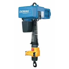 Hook-mounted, heavy-duty electric chain hoist without trolley. Operates on 460V AC with 9 ft maximum lifting length and 28-30 in headroom clearance. Includes chain container. Suitable for precise lifting in industrial environments.