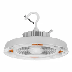 Round LED bay light for high-bay applications. Operates at 120 to 347V AC, consumes 150W, and delivers 21,400 lumens at 5000K color temperature. Designed for mounting heights of 39 ft to 49 ft with general distribution. Replaces a 320W metal halide fixture.